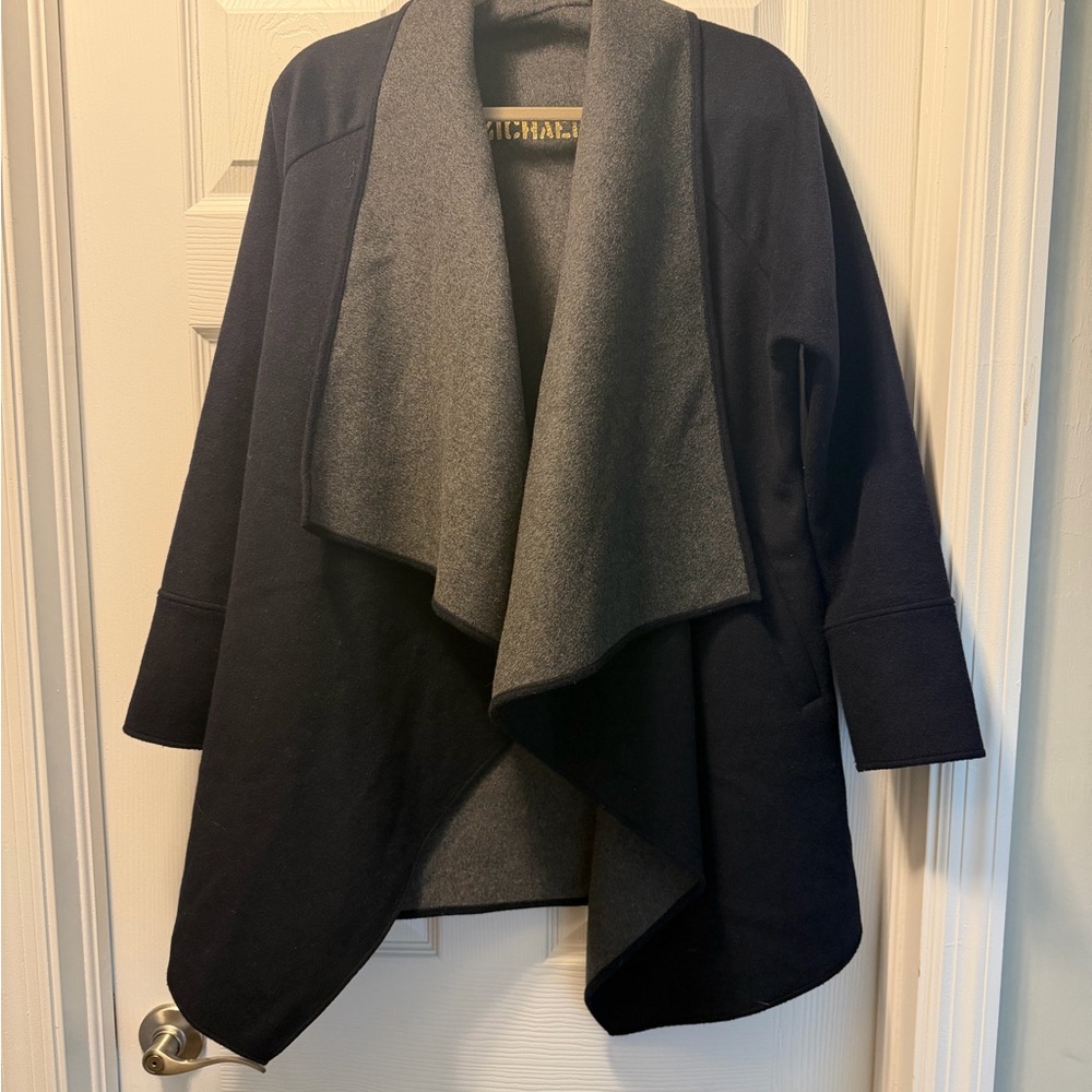 Michael Kors Black and Gray wool Blend Wrap Coat